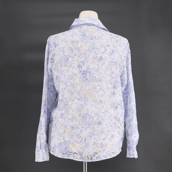 ZARA Sheer Burnout Damask Blue & White Floral Button Down Blouse Top Size L - Picture 4 of 7
